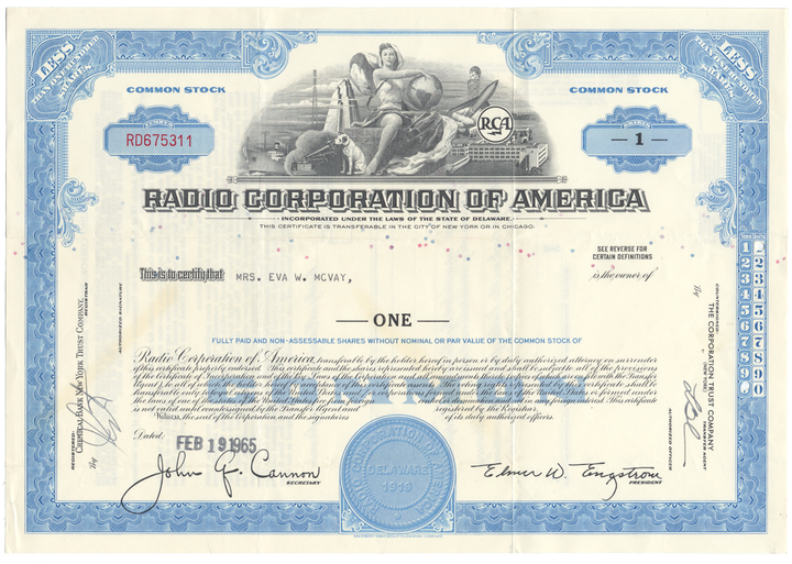 Radio Corporation of America (RCA) Stock Certificate