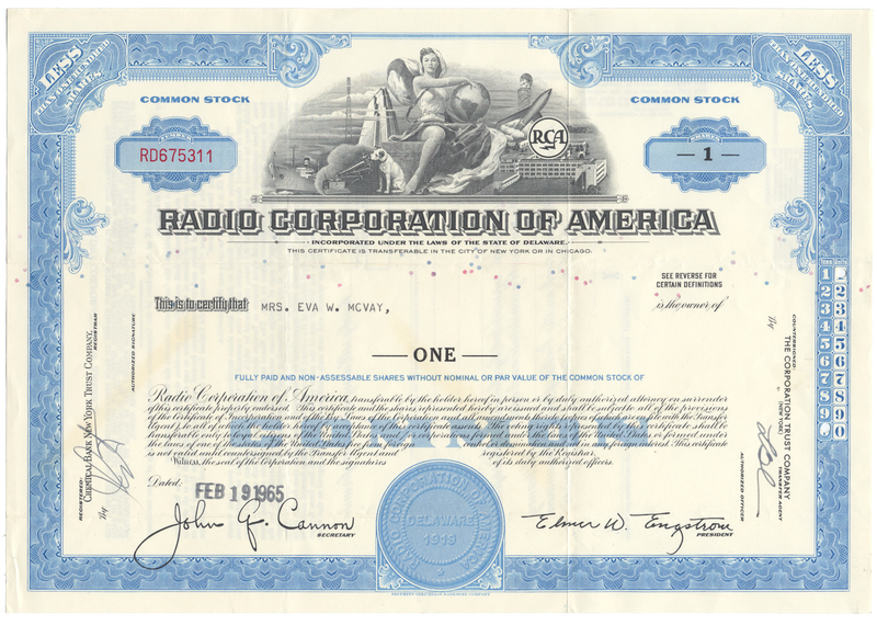 Radio Corporation of America (RCA) Stock Certificate