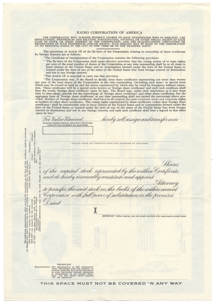 Radio Corporation of America (RCA) Stock Certificate