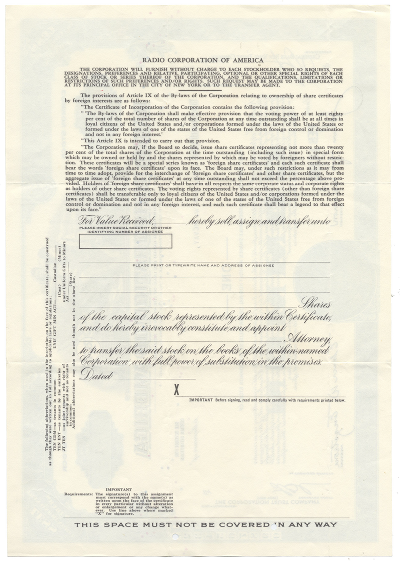 Radio Corporation of America (RCA) Stock Certificate