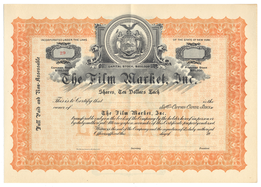 Vintage stock certificate for 'The Film Market, Inc.' with decorative elements and text.