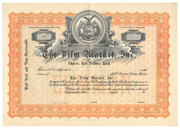 Vintage stock certificate for 'The Film Market, Inc.' with decorative elements and text.