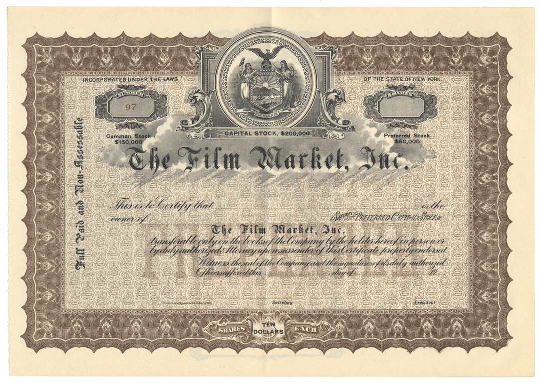 Vintage stock certificate for The Film Market, Inc. with decorative elements and text.