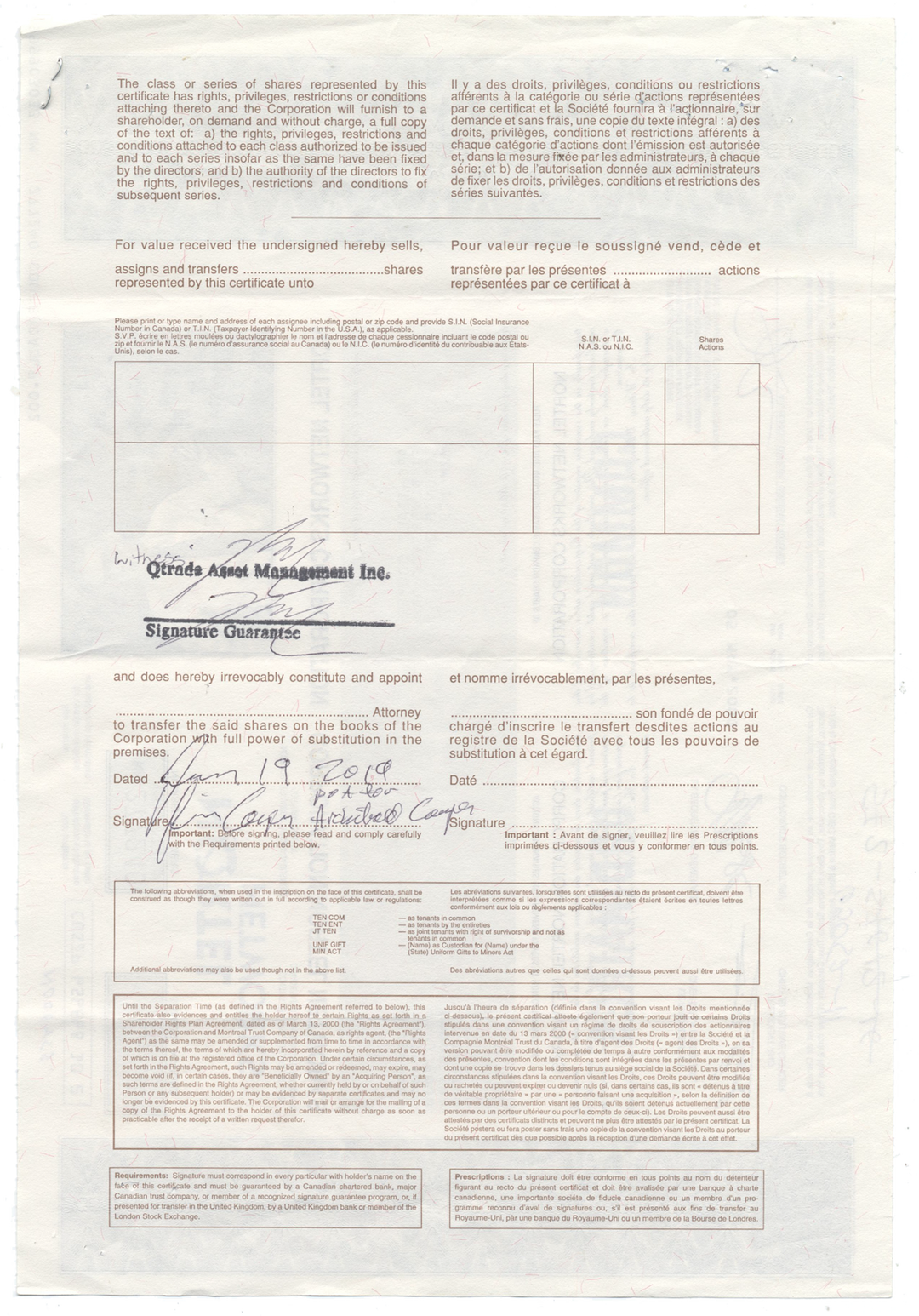 Nortel Networks Corporation Stock Certificate