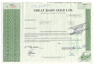 Great Basin Gold Ltd. Stock Certificate