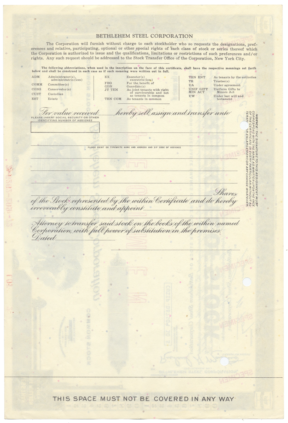 Bethlehem Steel Corporation Specimen Stock Certificate