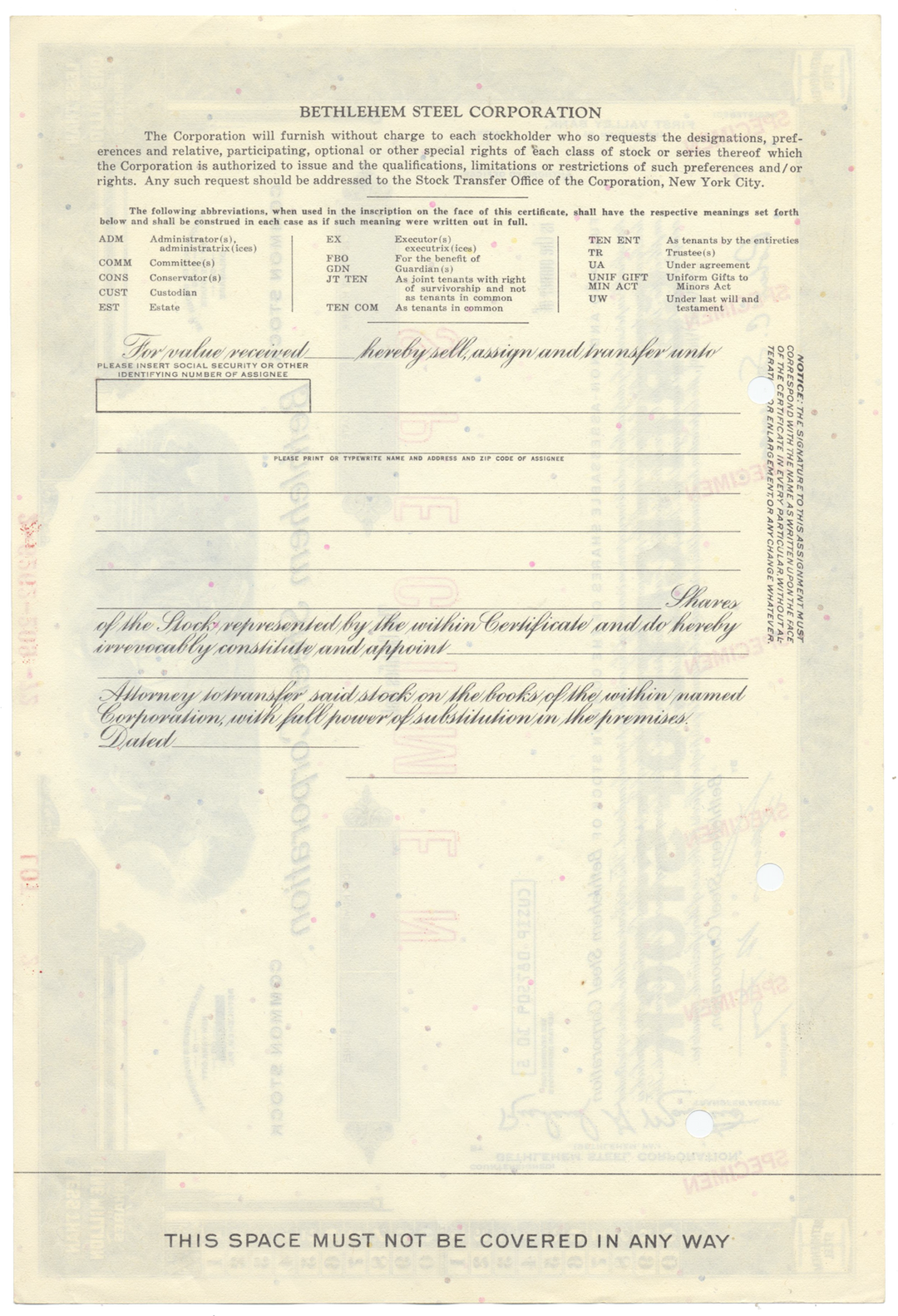 Bethlehem Steel Corporation Specimen Stock Certificate