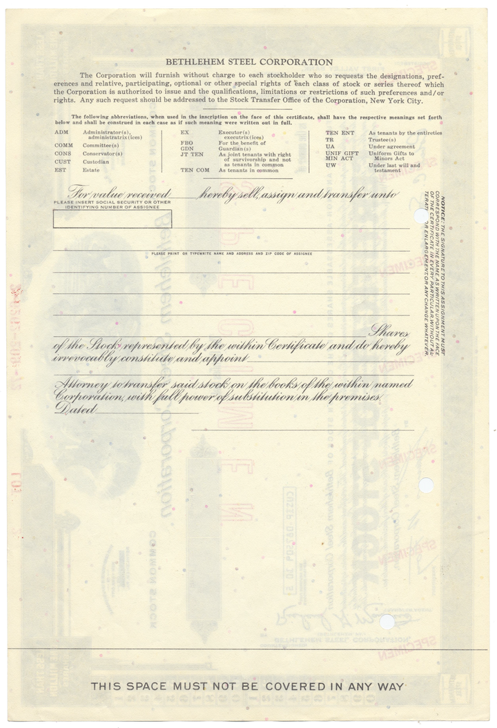 Bethlehem Steel Corporation Specimen Stock Certificate