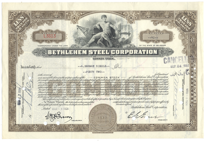 Bethlehem Steel Corporation Stock Certificate