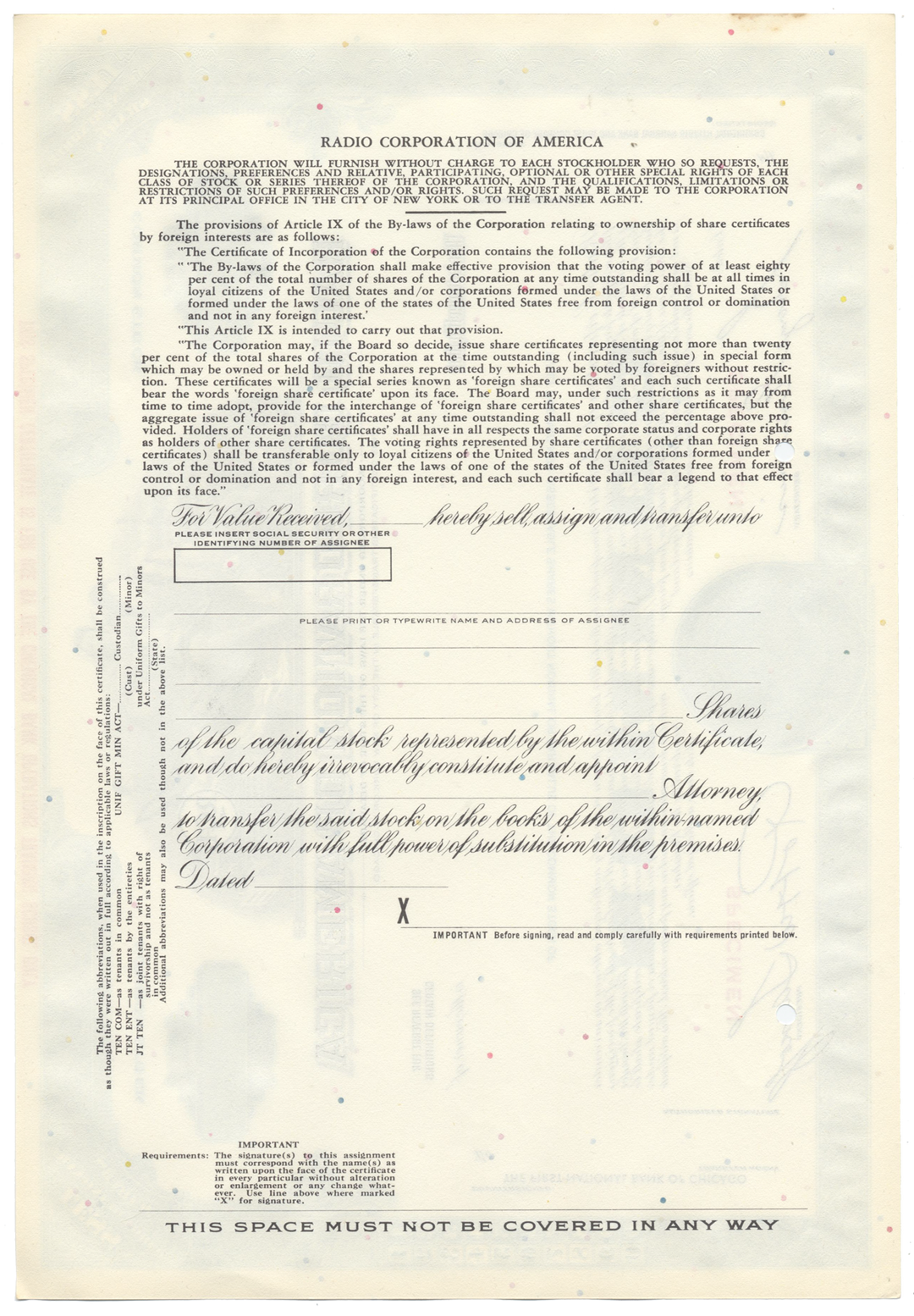 Radio Corporation of America (RCA) Specimen Stock Certificate