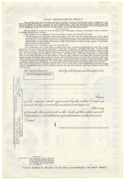 Radio Corporation of America (RCA) Specimen Stock Certificate