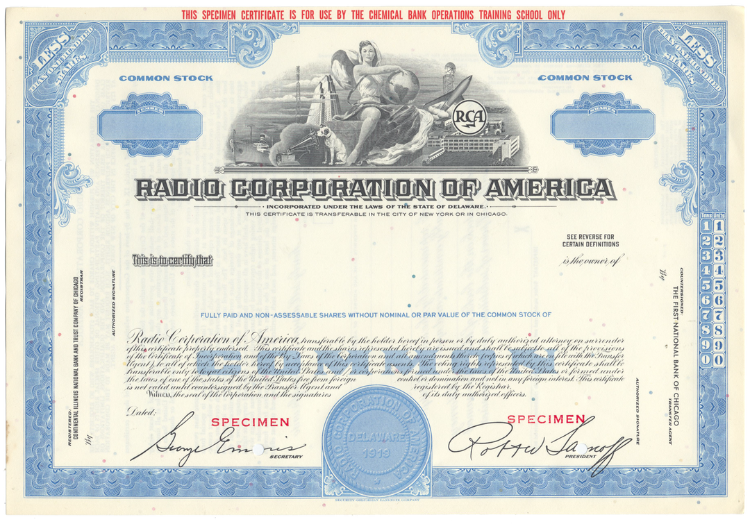 Radio Corporation of America (RCA) Specimen Stock Certificate