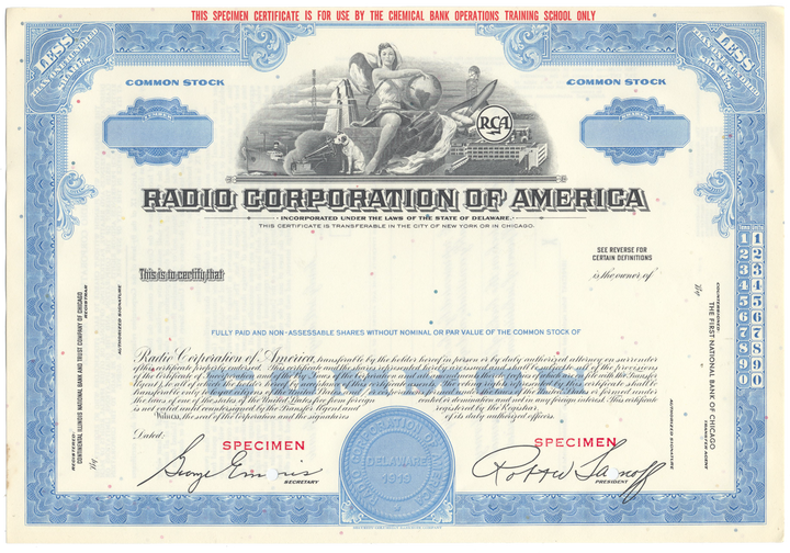 Radio Corporation of America (RCA) Specimen Stock Certificate