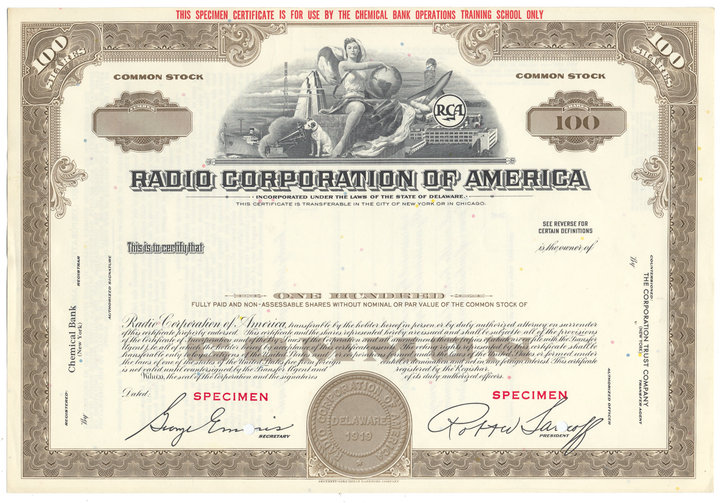 Radio Corporation of America (RCA) Specimen Stock Certificate