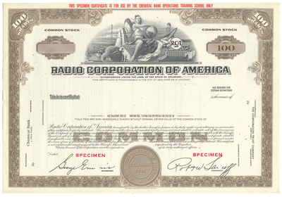 Radio Corporation of America (RCA) Specimen Stock Certificate