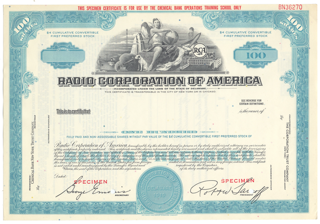 Radio Corporation of America (RCA) Specimen Stock Certificate