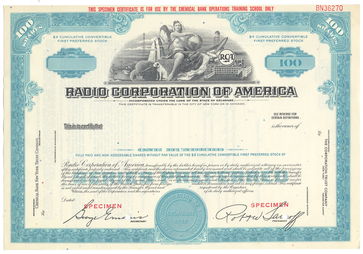 Radio Corporation of America (RCA) Specimen Stock Certificate