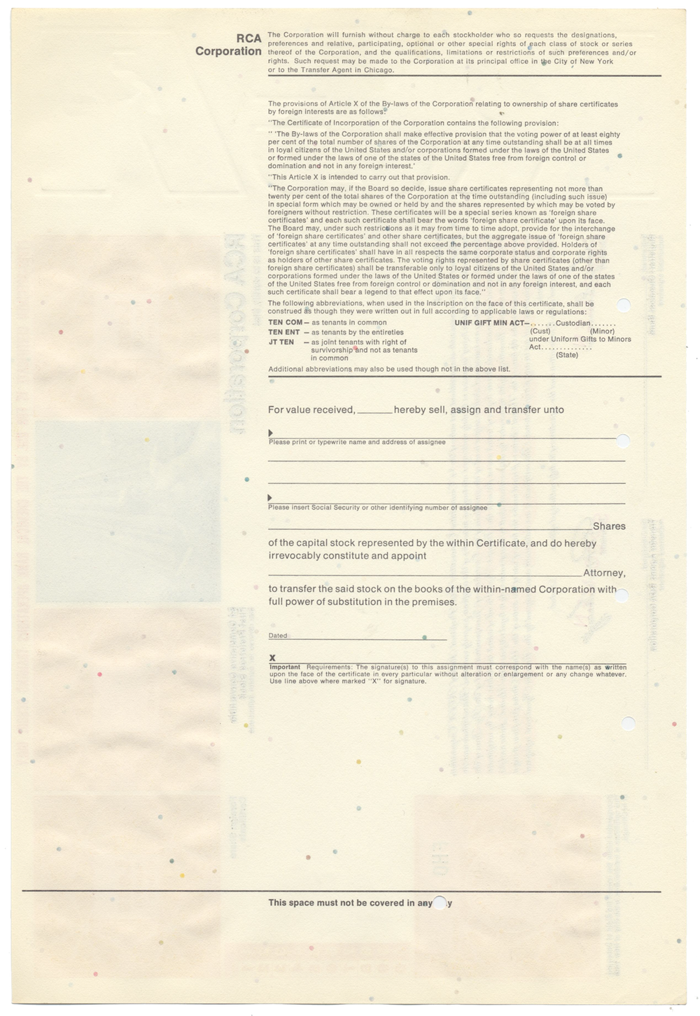 RCA Corporation Specimen Stock Certificate