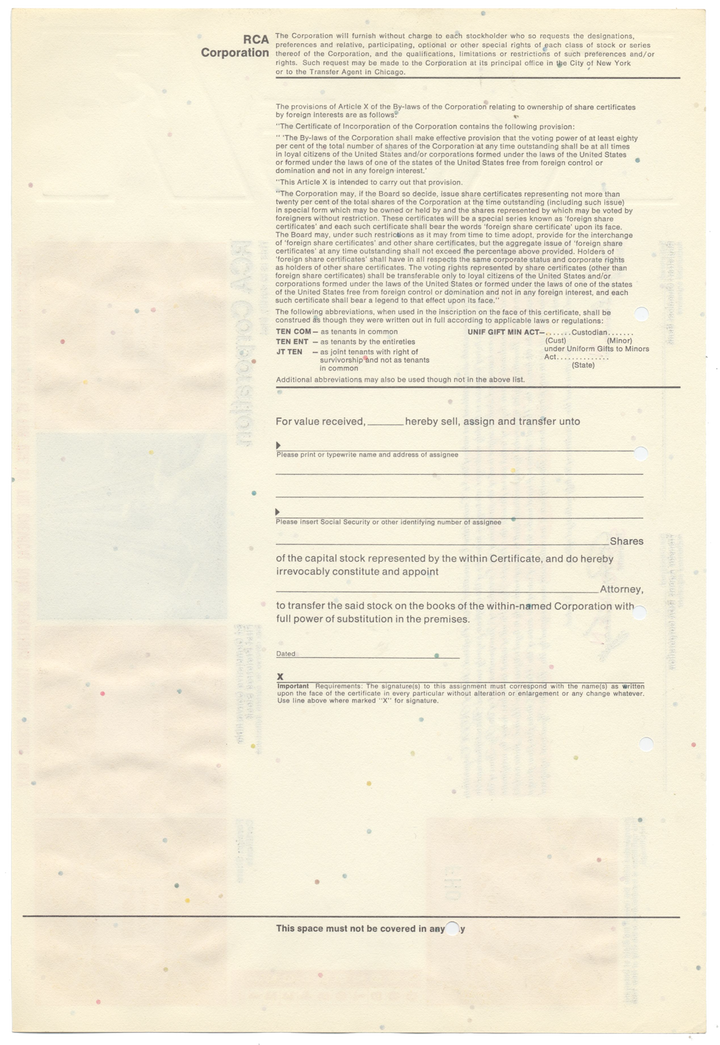 RCA Corporation Specimen Stock Certificate