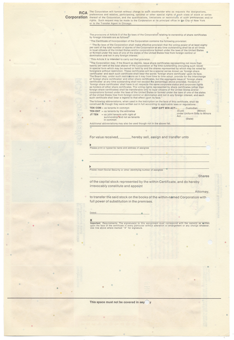 RCA Corporation Specimen Stock Certificate