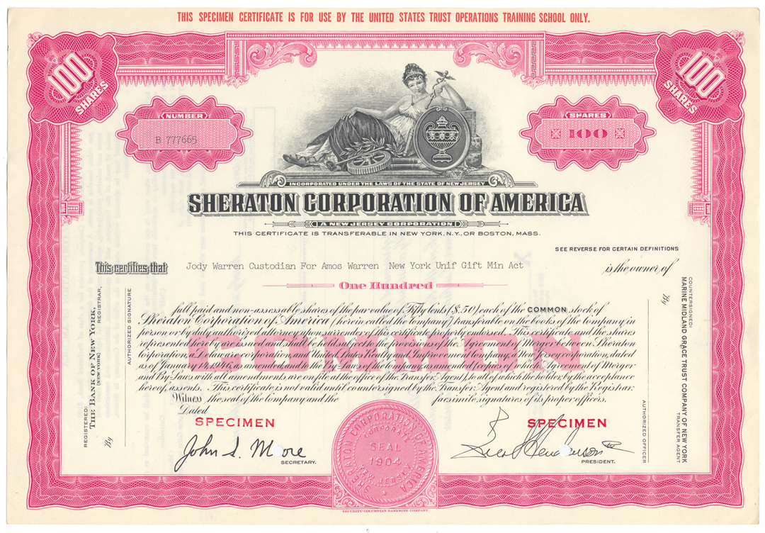 Sheraton Corporation of America Specimen Stock Certificate