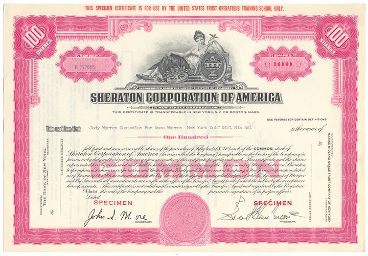 Sheraton Corporation of America Specimen Stock Certificate