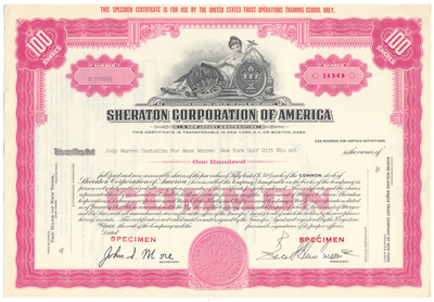 Sheraton Corporation of America Specimen Stock Certificate