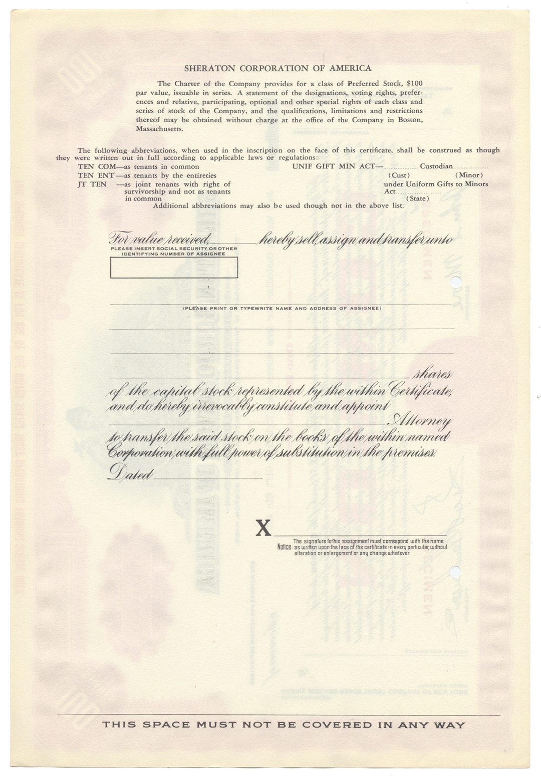 Sheraton Corporation of America Specimen Stock Certificate