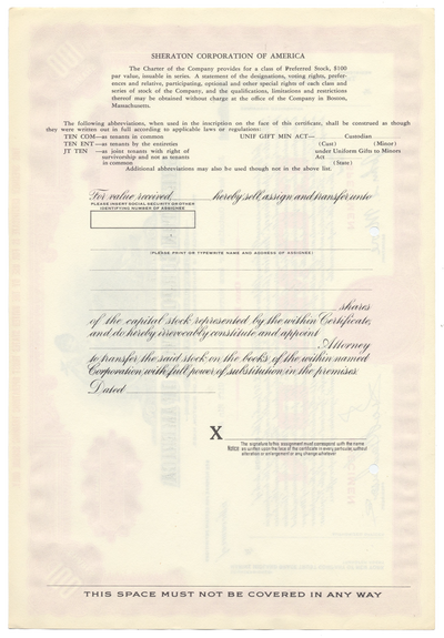 Sheraton Corporation of America Specimen Stock Certificate