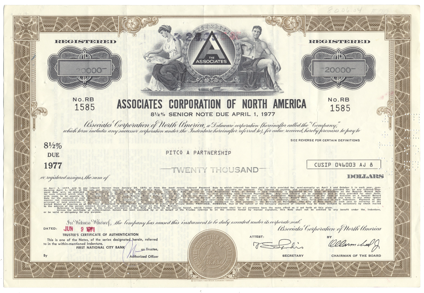 Associates Corporation of North America Bond Certificate