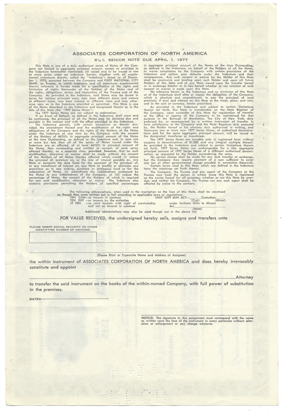 Associates Corporation of North America Bond Certificate