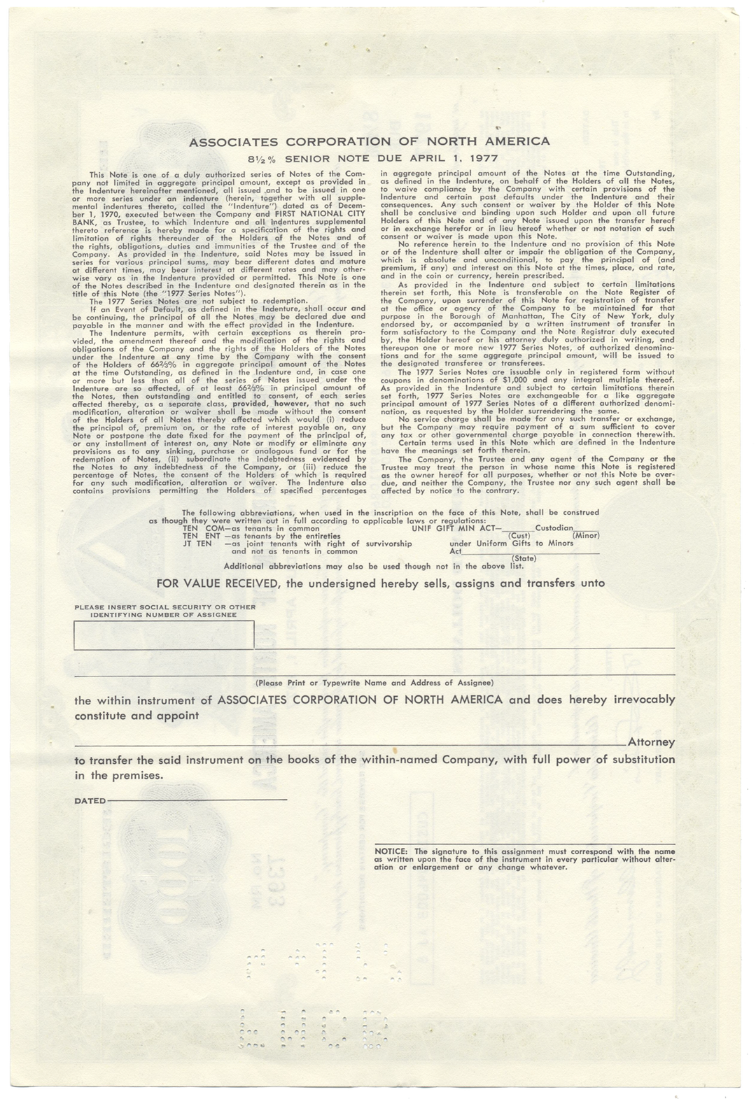 Associates Corporation of North America Bond Certificate