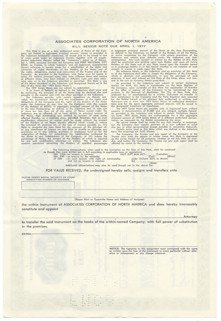 Associates Corporation of North America Bond Certificate