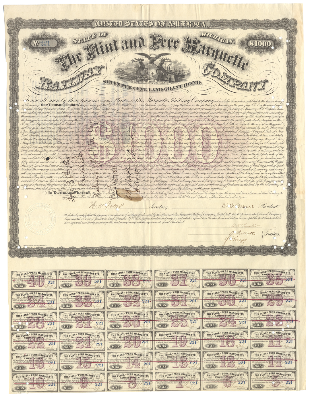 Flint and Pere Marquette Railway Company Bond Certificate