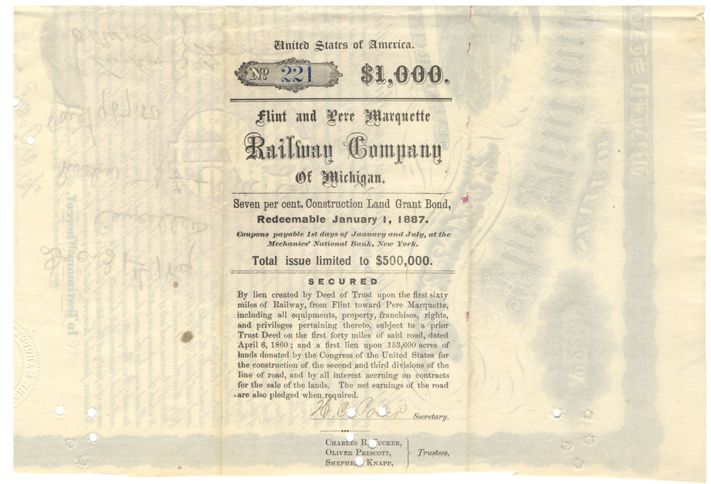 Flint and Pere Marquette Railway Company Bond Certificate