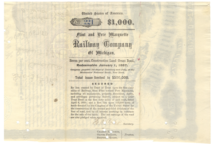 Flint and Pere Marquette Railway Company Bond Certificate