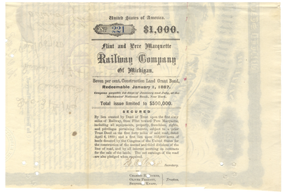 Flint and Pere Marquette Railway Company Bond Certificate
