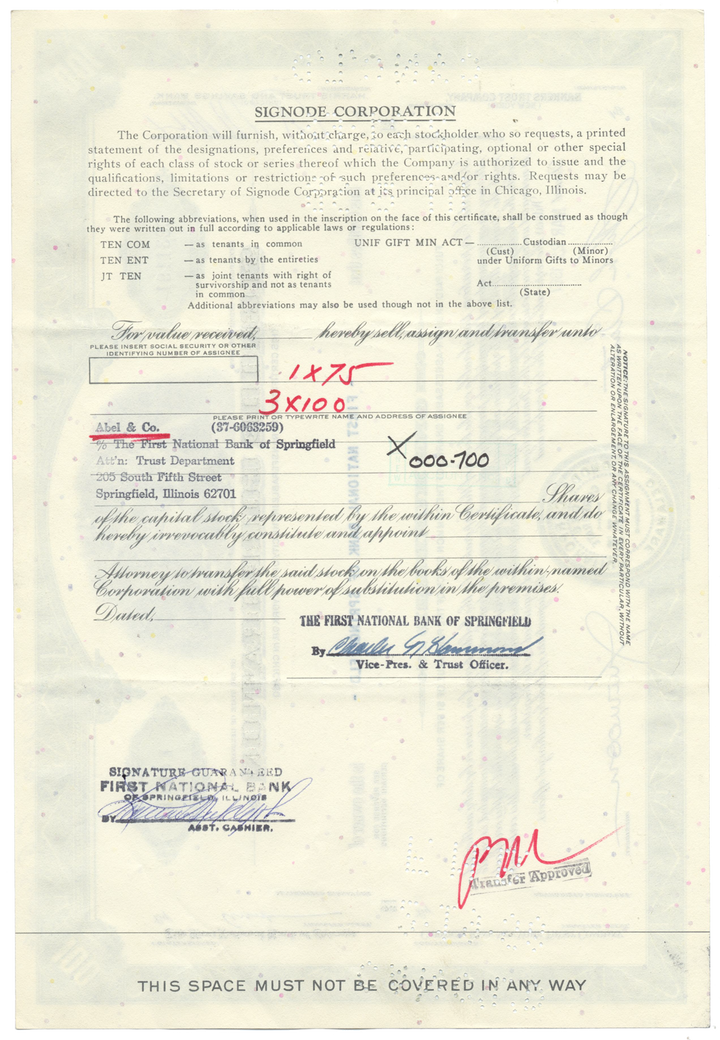 Signode Corporation Stock Certificate