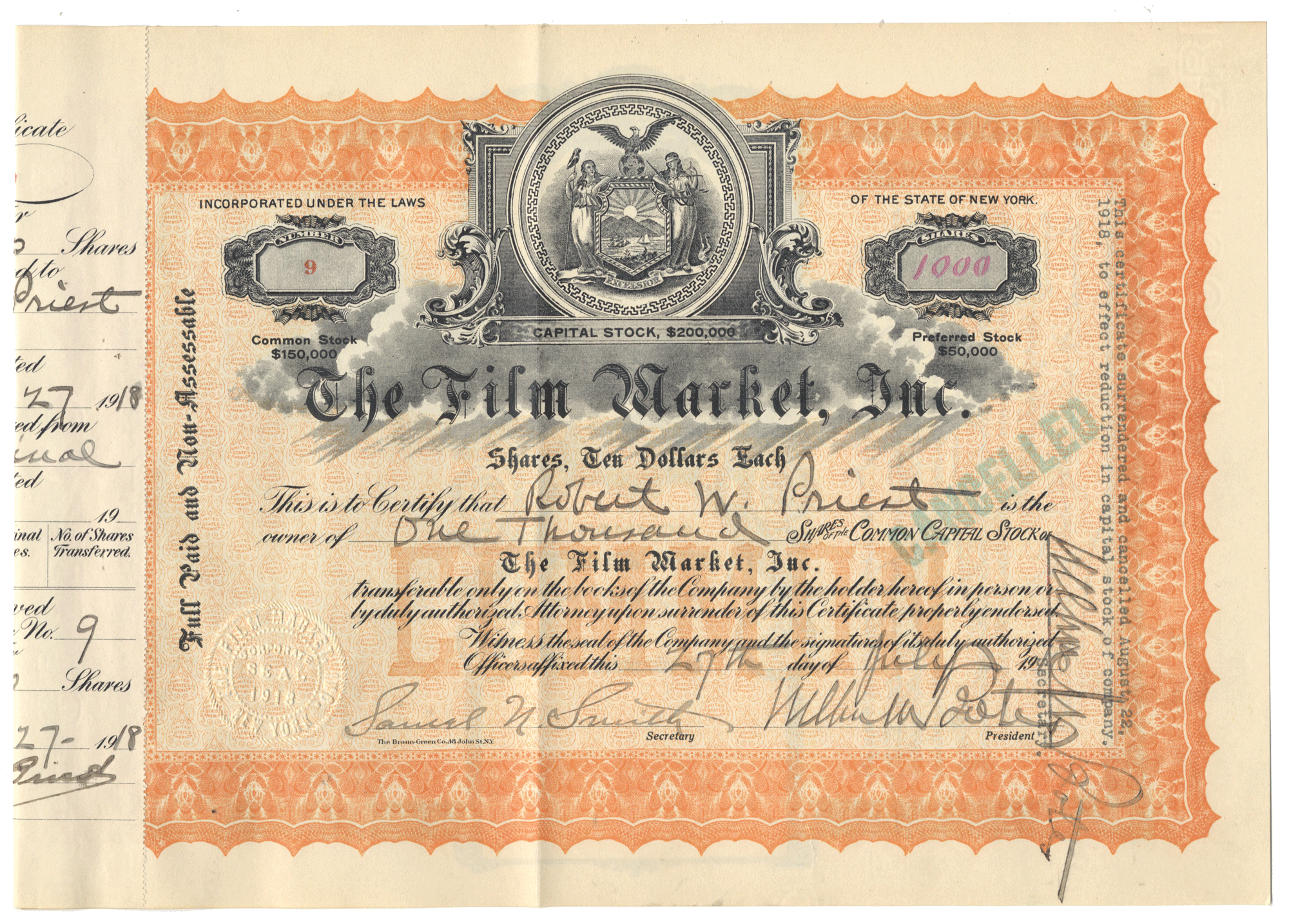 Vintage stock certificate from The Film Market, Inc. with decorative elements and text from 1918