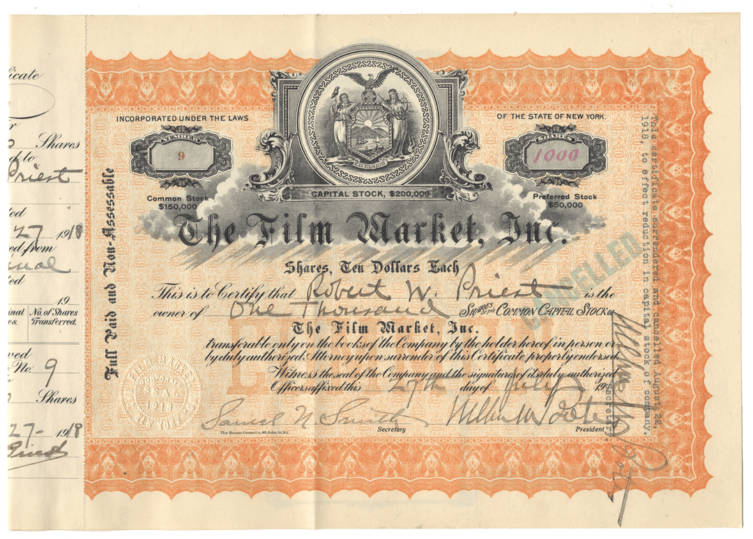 Vintage stock certificate from The Film Market, Inc. with decorative elements and text from 1918