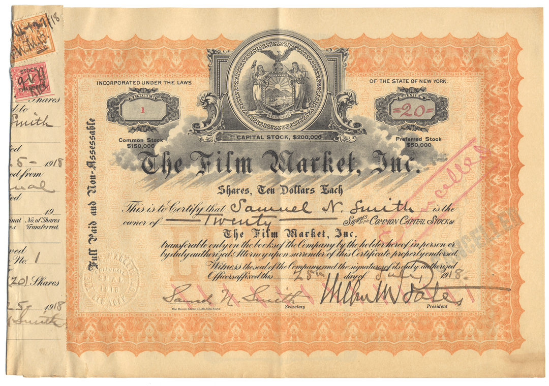 Vintage stock certificate from The Film Market, Inc. with a detailed design and text.