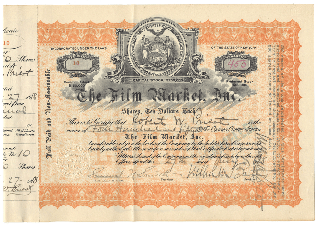 Film Market, Inc. stock certificate dated 1918