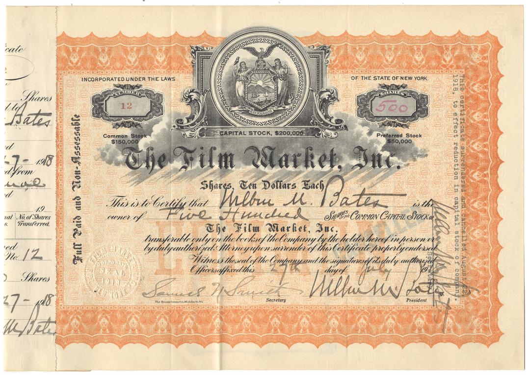 An antique stock certificate for The Film Market, Inc., dated 1918
