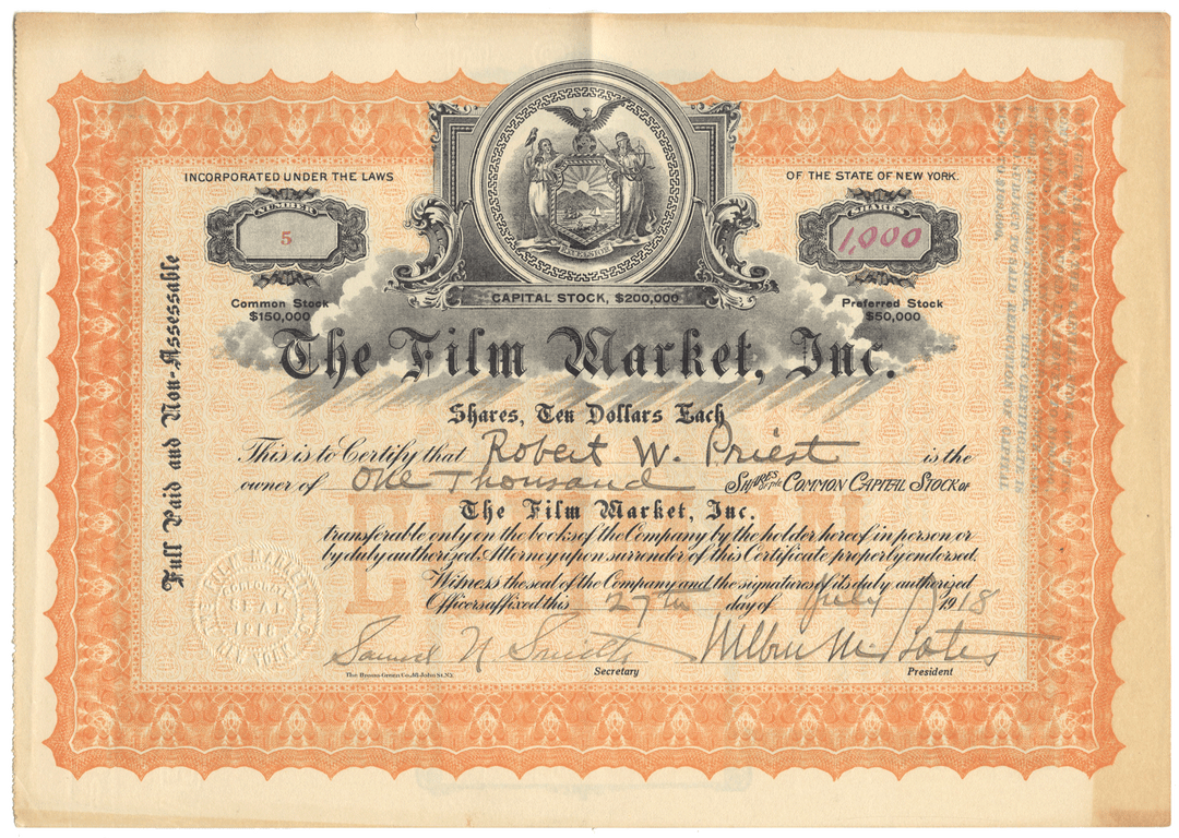 Vintage stock certificate for The Film Market, Inc. with decorative elements and text.