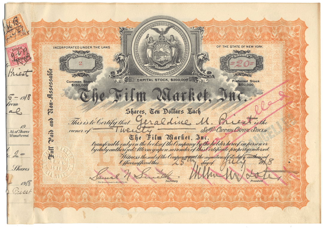 Vintage stock certificate for The Film Market, Inc. with decorative elements and text.