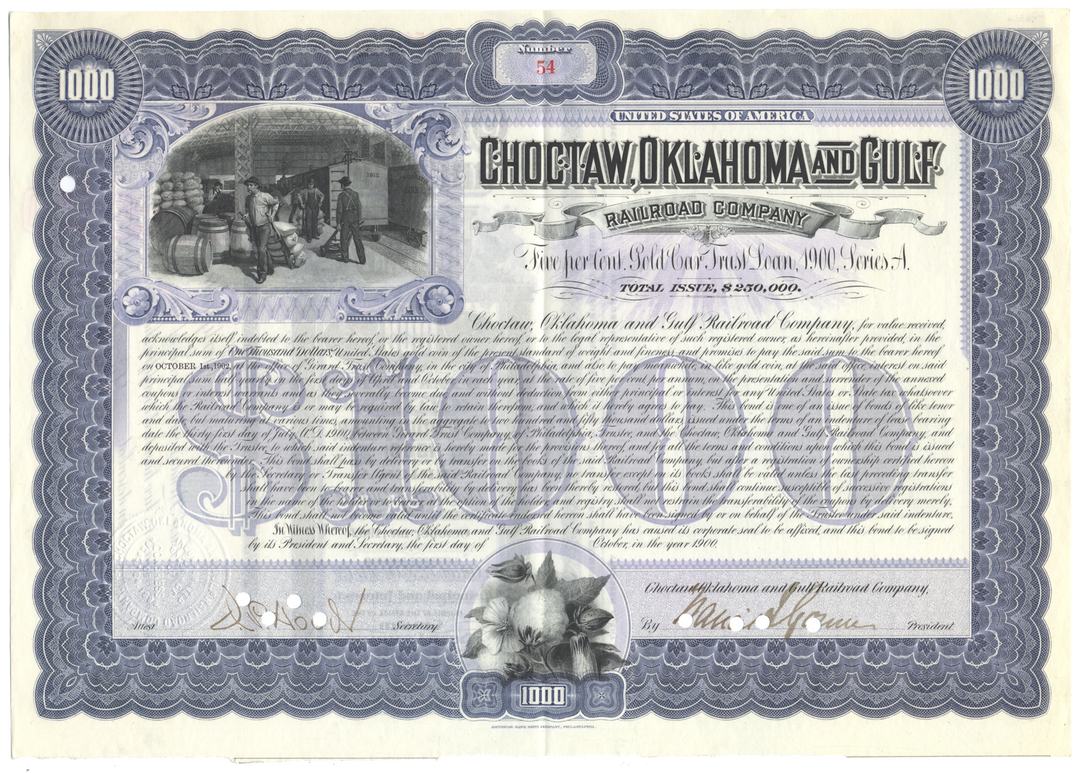 Choctaw, Oklahoma and Gulf Railroad Company Bond Certificate