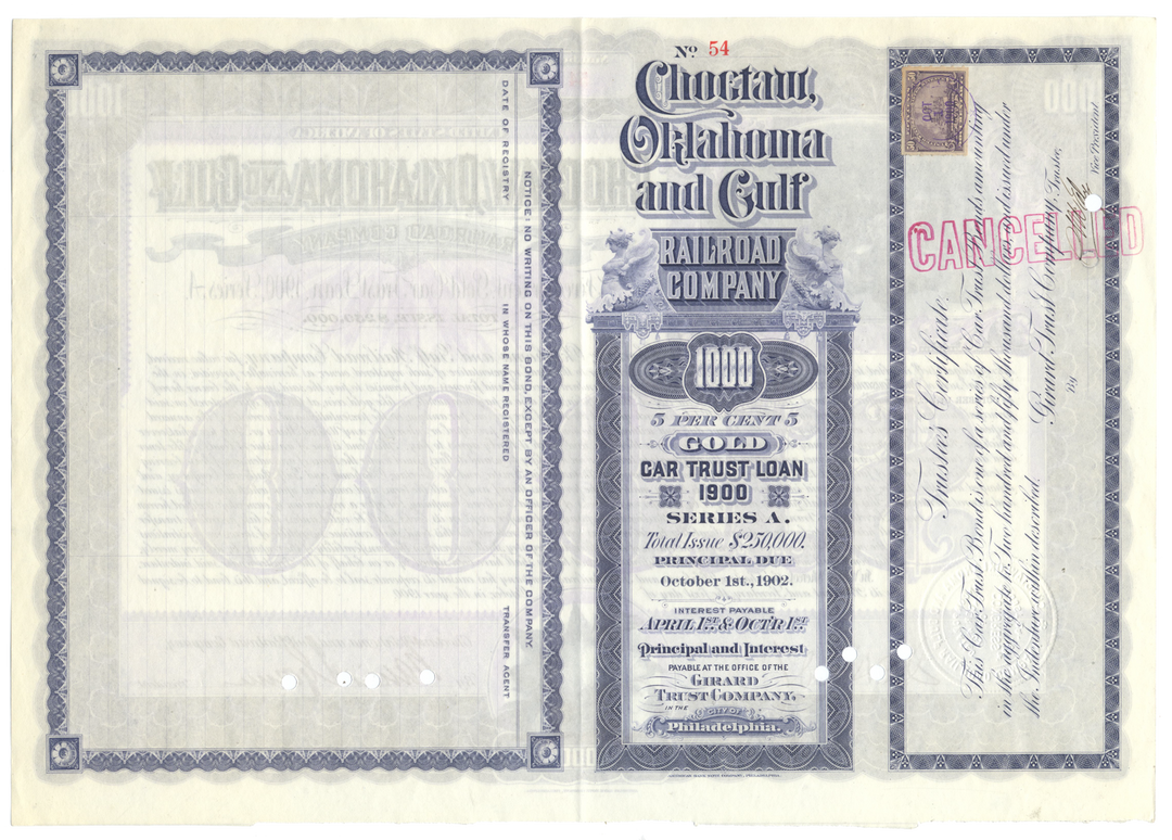 Choctaw, Oklahoma and Gulf Railroad Company Bond Certificate