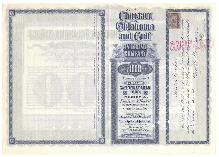 Choctaw, Oklahoma and Gulf Railroad Company Bond Certificate