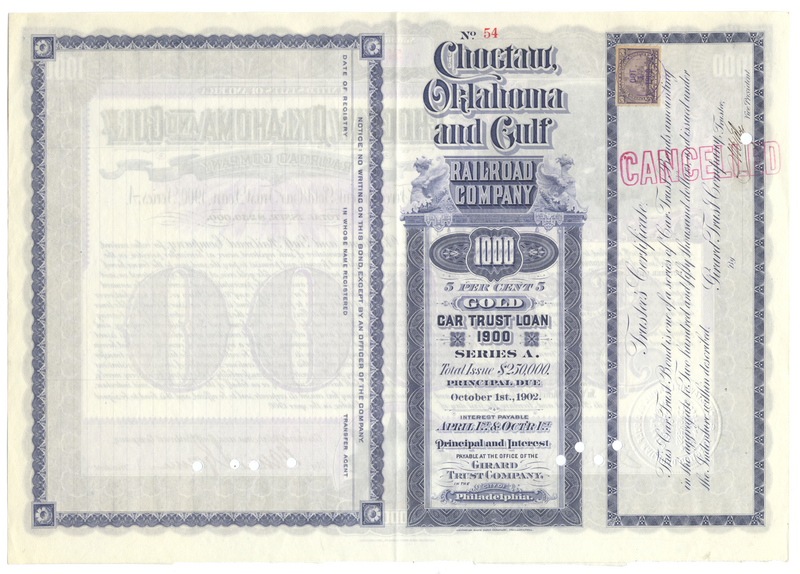 Choctaw, Oklahoma and Gulf Railroad Company Bond Certificate