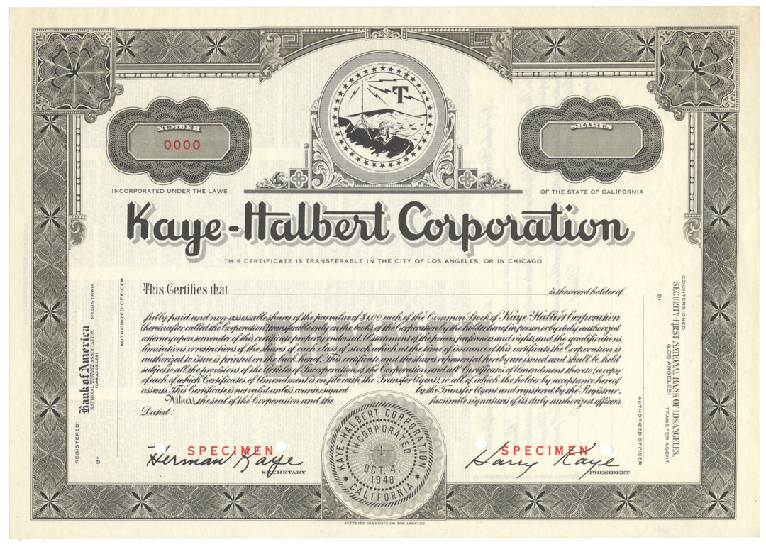 Kaye-Halbert Corporation Specimen Stock Certificate